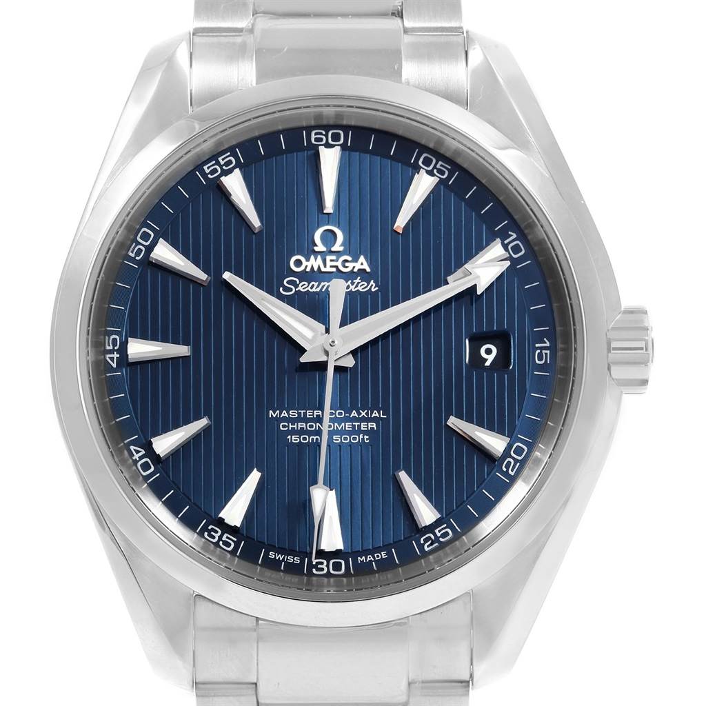 The image shows a front view of the Omega Aqua Terra 231.10.42.21.03.003 Men's Stainless Steel Blue Dial 231.10.42.21.03.003 Men's Stainless Steel Blue Dial watch, highlighting its blue dial, silver markers, steel bracelet, and date window.