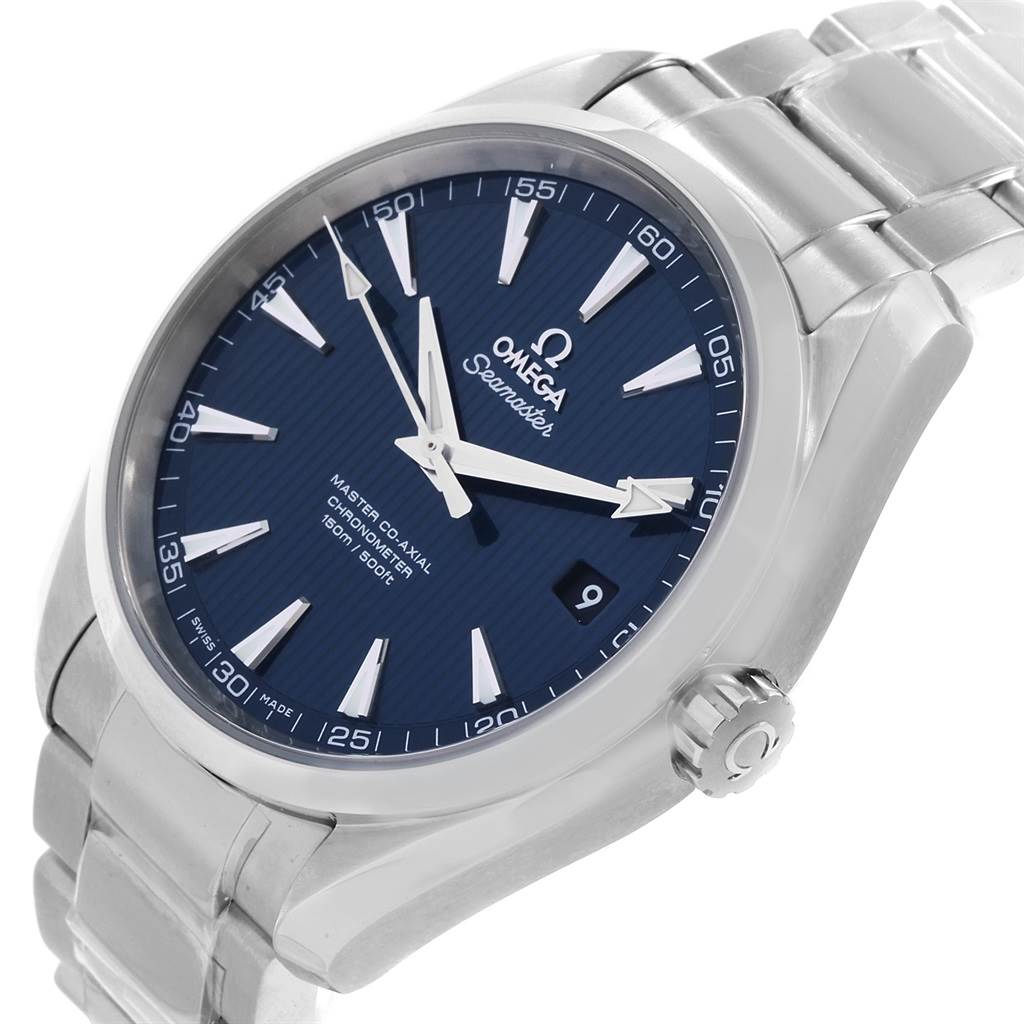 The image shows an angled view of the Omega Aqua Terra 231.10.42.21.03.003 Men's Stainless Steel Blue Dial 231.10.42.21.03.003 Men's Stainless Steel Blue Dial Seamaster watch, highlighting its face, dial, and stainless steel bracelet.