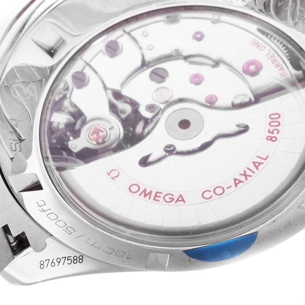 This image shows the back view of the Omega Aqua Terra 231.10.42.21.03.003 Men's Stainless Steel Blue Dial 231.10.42.21.03.003 Men's Stainless Steel Blue Dial watch, highlighting the movement and "Co-Axial 8500" mechanism.