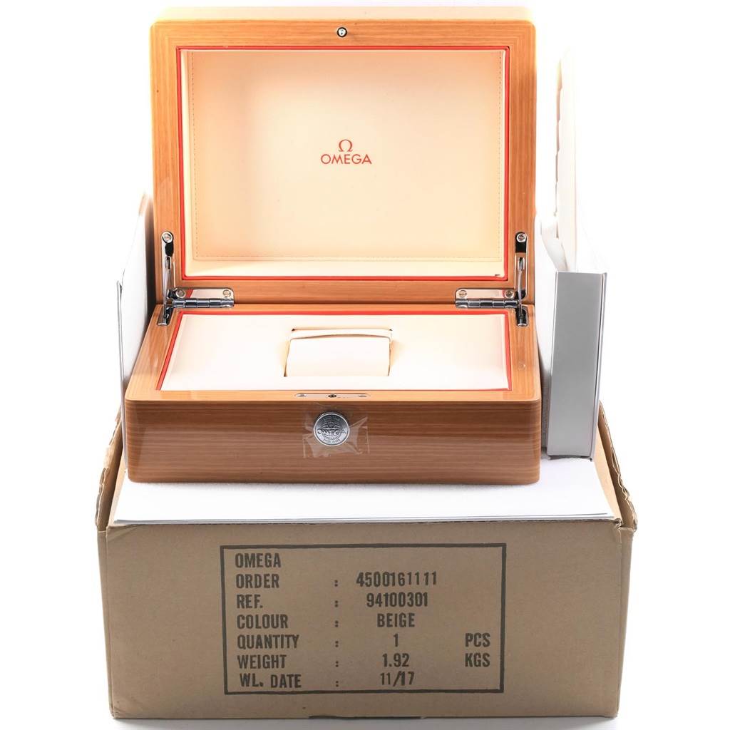 The image shows an Omega Aqua Terra 231.10.42.21.03.003 Men's Stainless Steel Blue Dial 231.10.42.21.03.003 Men's Stainless Steel Blue Dial watch box open, revealing the interior.