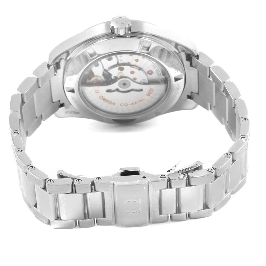 The image shows the back view of an Omega Aqua Terra 231.10.42.21.03.003 Men's Stainless Steel Blue Dial 231.10.42.21.03.003 Men's Stainless Steel Blue Dial watch, highlighting its open case back and metal bracelet.