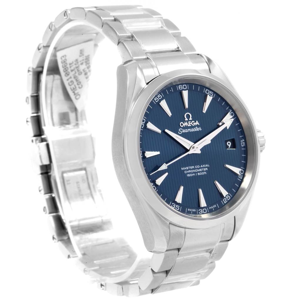 The Omega Aqua Terra 231.10.42.21.03.003 Men's Stainless Steel Blue Dial 231.10.42.21.03.003 Men's Stainless Steel Blue Dial watch is shown at a slight angle, with a focus on its face, stainless steel bracelet, and visible side crown.