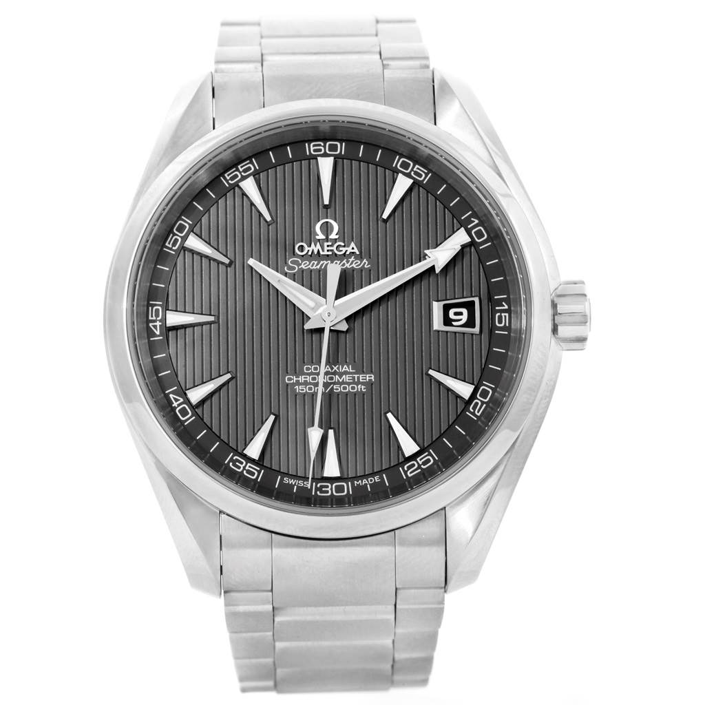 This image shows a front view of the Omega Seamaster Aqua Terra watch, displaying its face, bezel, and metal bracelet.