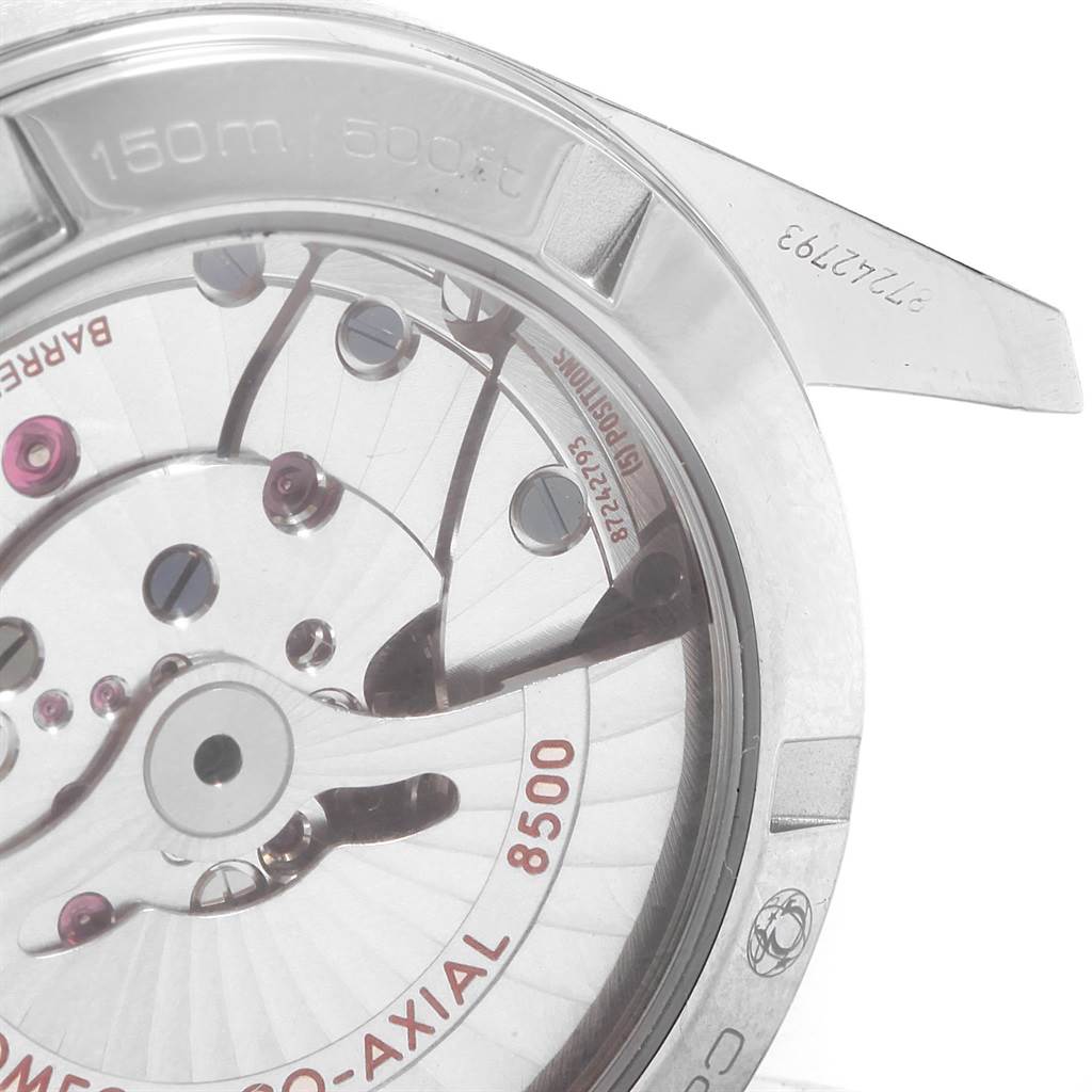 The image shows a close-up view of the Omega Aqua Terra 231.10.39.60.02.001 Men's Stainless Steel Grey Dial 231.10.39.60.02.001 Men's Stainless Steel Grey Dial model watch, focusing on its visible mechanical movement and the back casing.