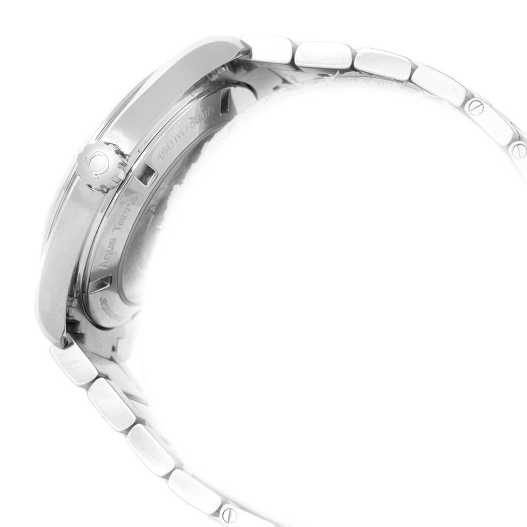 This side-angle view of the Omega Aqua Terra 231.10.39.60.02.001 Men's Stainless Steel Grey Dial 231.10.39.60.02.001 Men's Stainless Steel Grey Dial watch shows the crown and part of the metal bracelet.