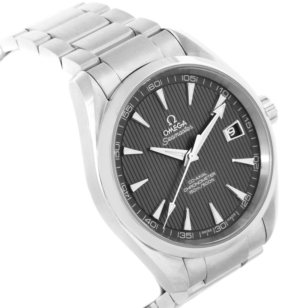 The image shows a close-up angled view of an Omega Seamaster Aqua Terra watch, highlighting its dial, bezel, crown, and bracelet.