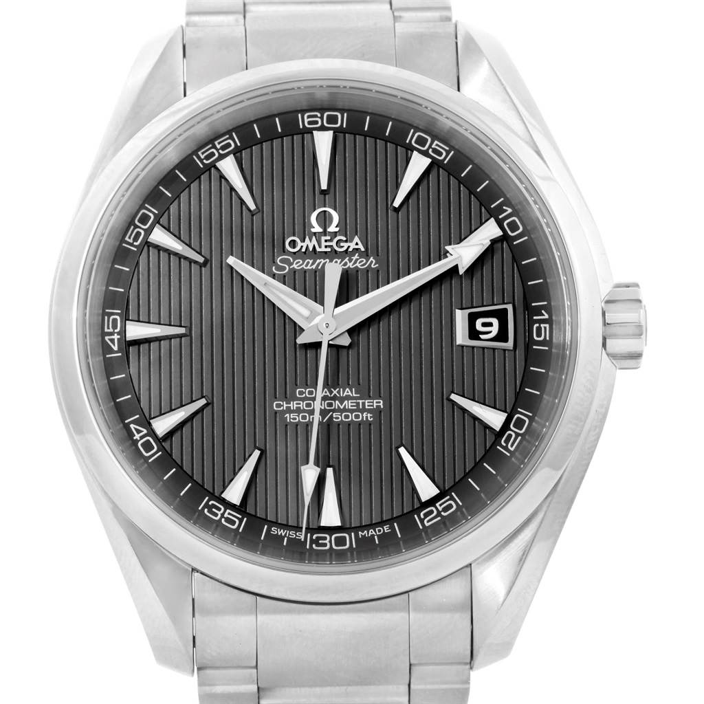 The image shows a front view of the Omega Aqua Terra 231.10.39.60.02.001 Men's Stainless Steel Grey Dial 231.10.39.60.02.001 Men's Stainless Steel Grey Dial watch, displaying the dial, hands, case, crown, and part of the bracelet.