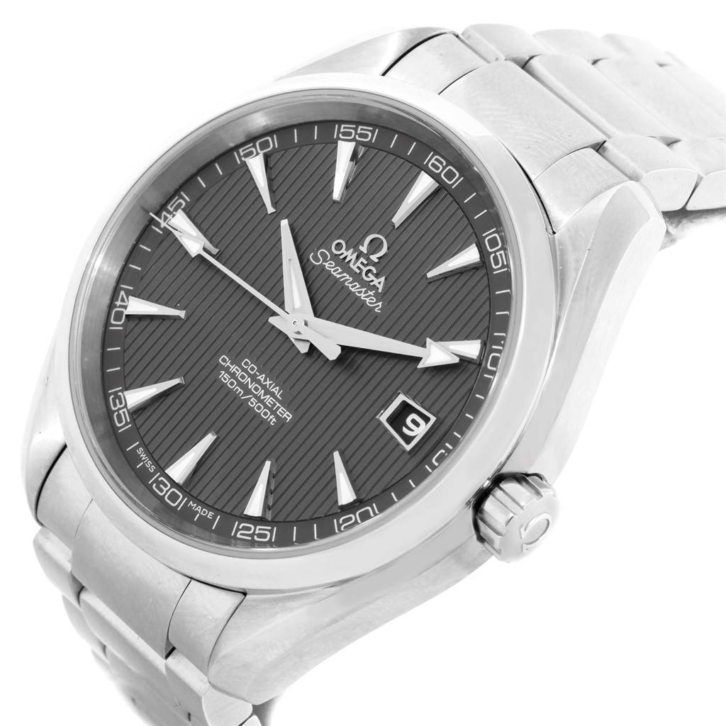 The image shows a close-up angle of the Omega Aqua Terra 231.10.39.60.02.001 Men's Stainless Steel Grey Dial 231.10.39.60.02.001 Men's Stainless Steel Grey Dial watch, displaying the face, bezel, bracelet, and crown.