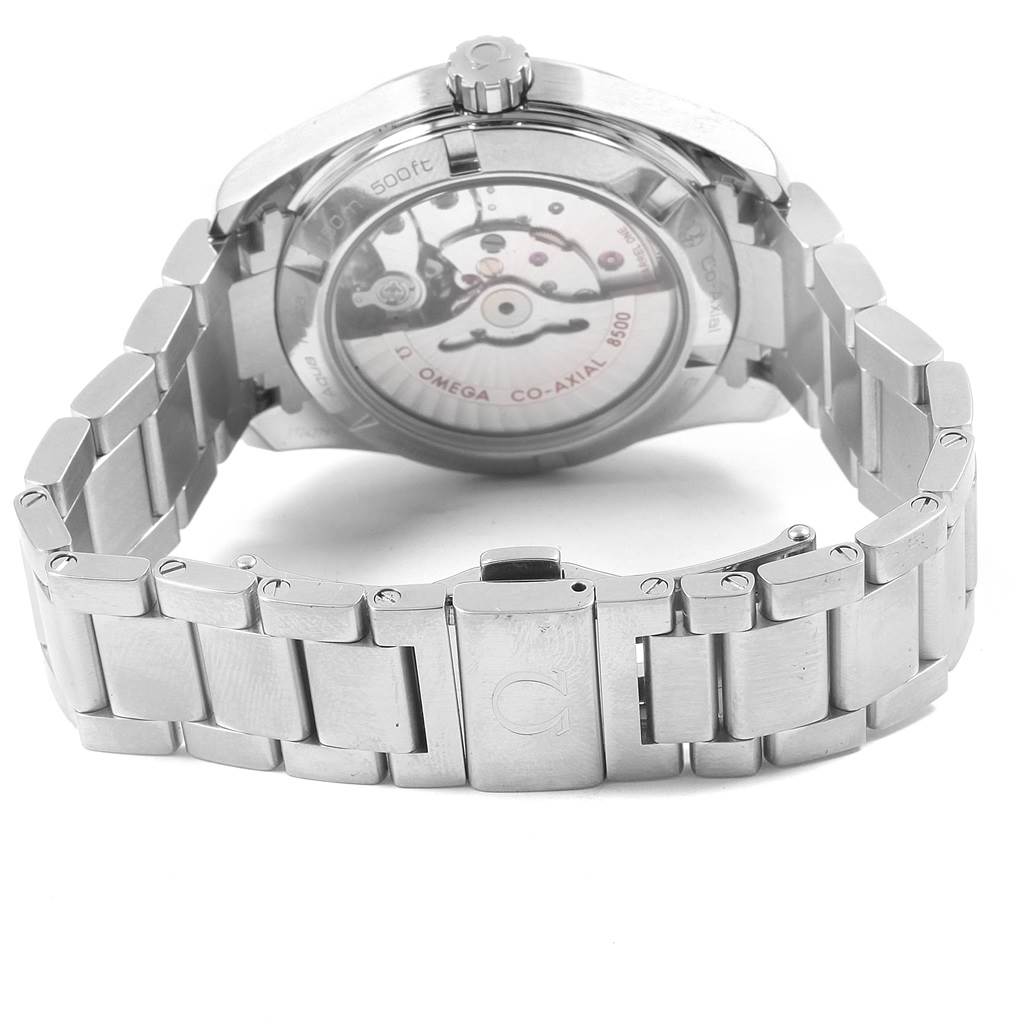 The image shows the back view of the Omega Aqua Terra 231.10.39.60.02.001 Men's Stainless Steel Grey Dial 231.10.39.60.02.001 Men's Stainless Steel Grey Dial watch, highlighting its metal bracelet and transparent case back.