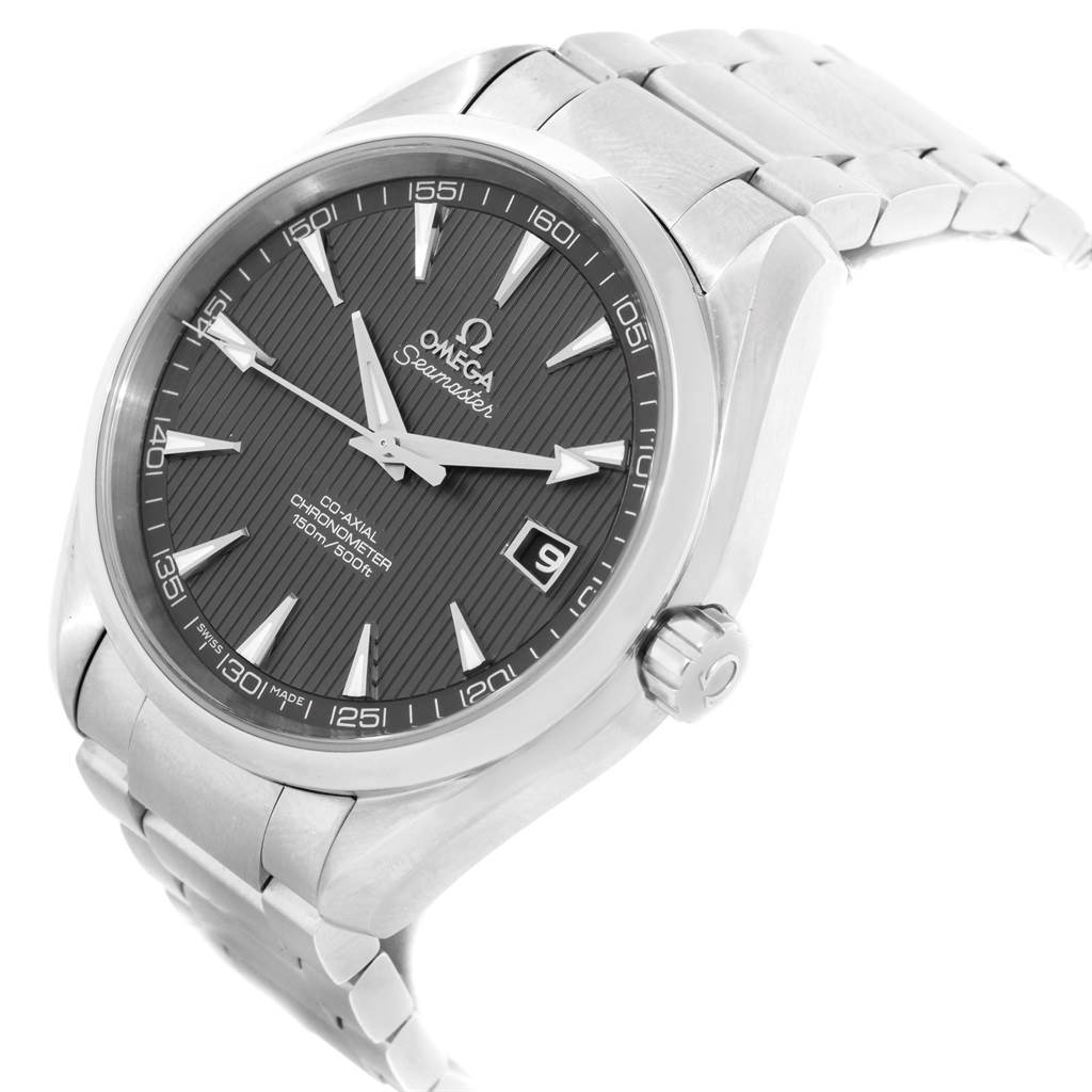The Omega Aqua Terra 231.10.39.60.02.001 Men's Stainless Steel Grey Dial 231.10.39.60.02.001 Men's Stainless Steel Grey Dial watch is shown at a slight angle, displaying the dial, crown, and part of the bracelet.