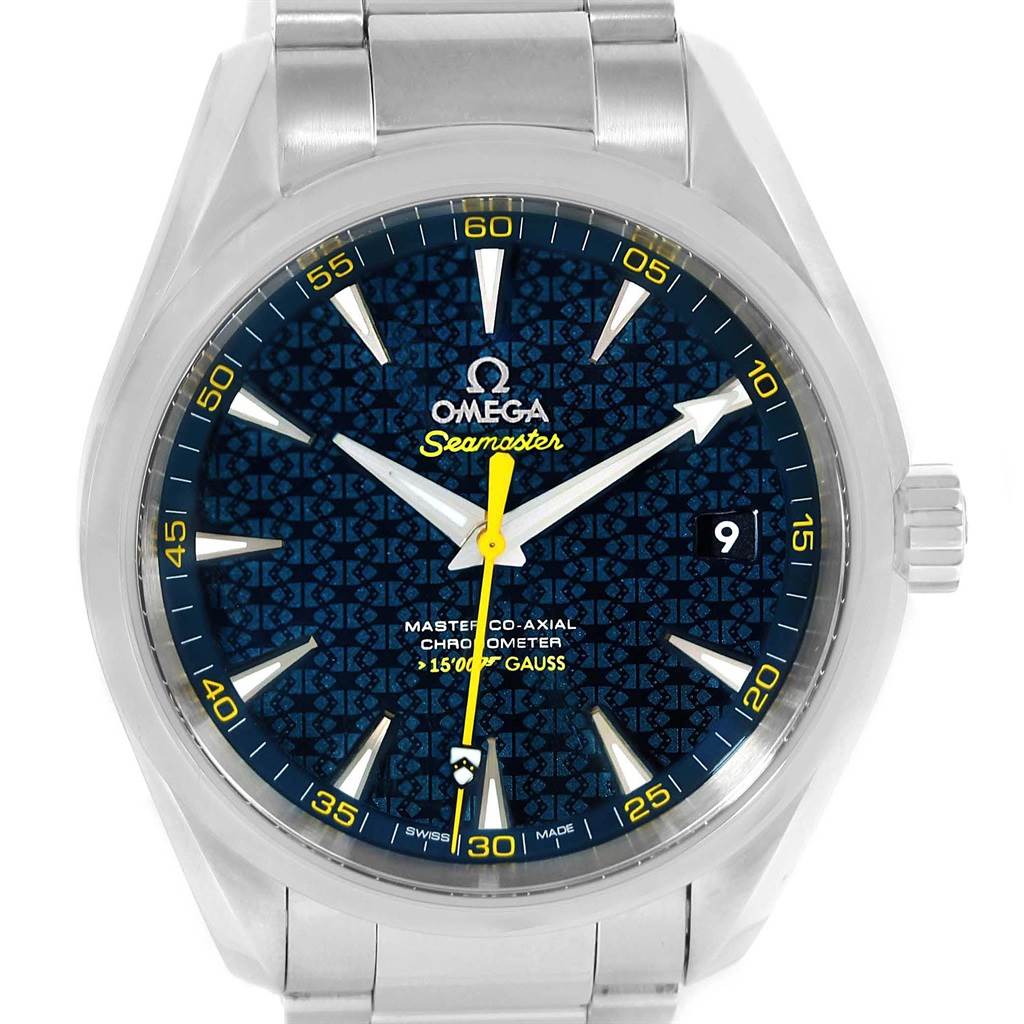 The Omega Aqua Terra 231.10.42.21.03.004 Men's Stainless Steel Blue Dial 231.10.42.21.03.004 Men's Stainless Steel Blue Dial watch is shown from a front angle, displaying its face, bezel, and part of its bracelet.