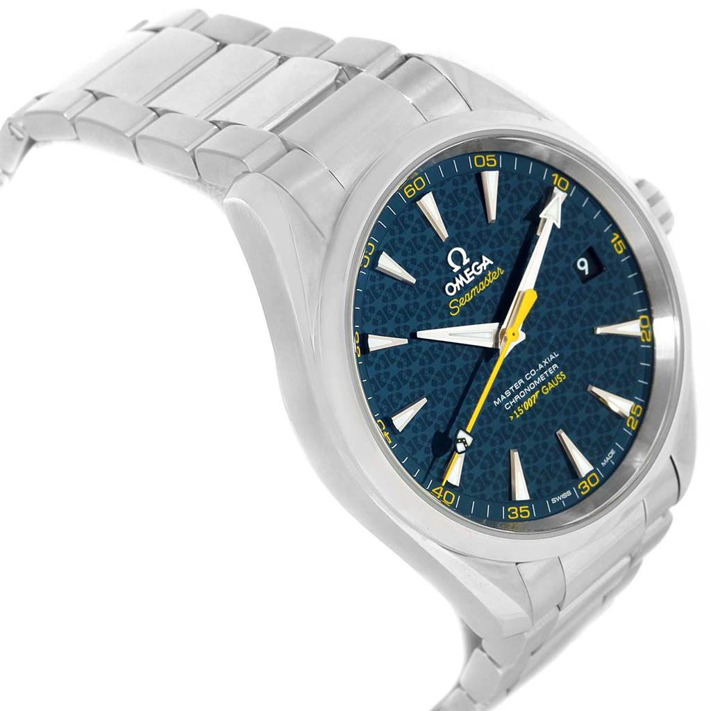 The image shows an angled view of the Omega Aqua Terra 231.10.42.21.03.004 Men's Stainless Steel Blue Dial 231.10.42.21.03.004 Men's Stainless Steel Blue Dial watch displaying the face, bracelet, and crown.