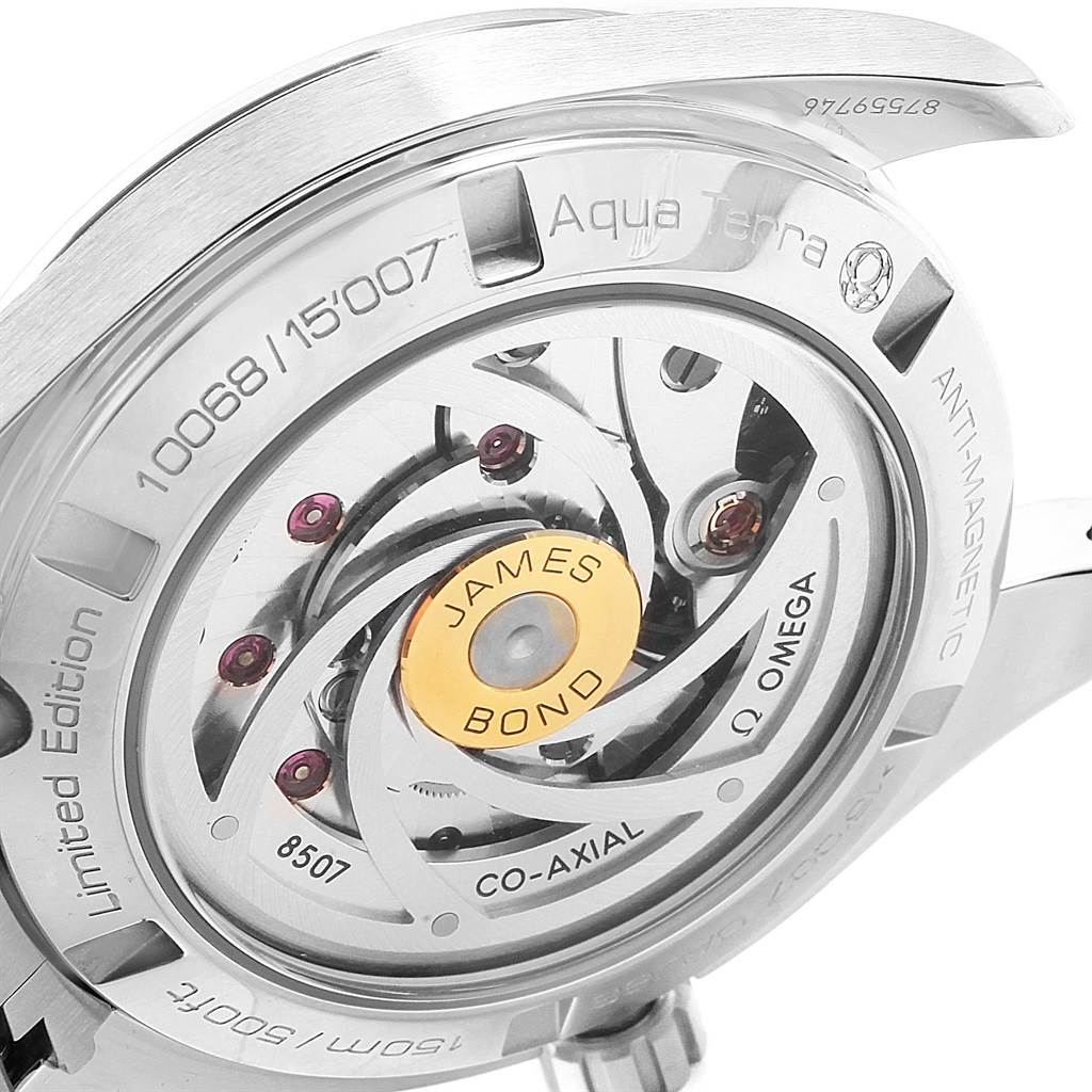 The image shows the back view of the Omega Aqua Terra 231.10.42.21.03.004 Men's Stainless Steel Blue Dial 231.10.42.21.03.004 Men's Stainless Steel Blue Dial watch, highlighting its intricate movement and "James Bond" engraving.