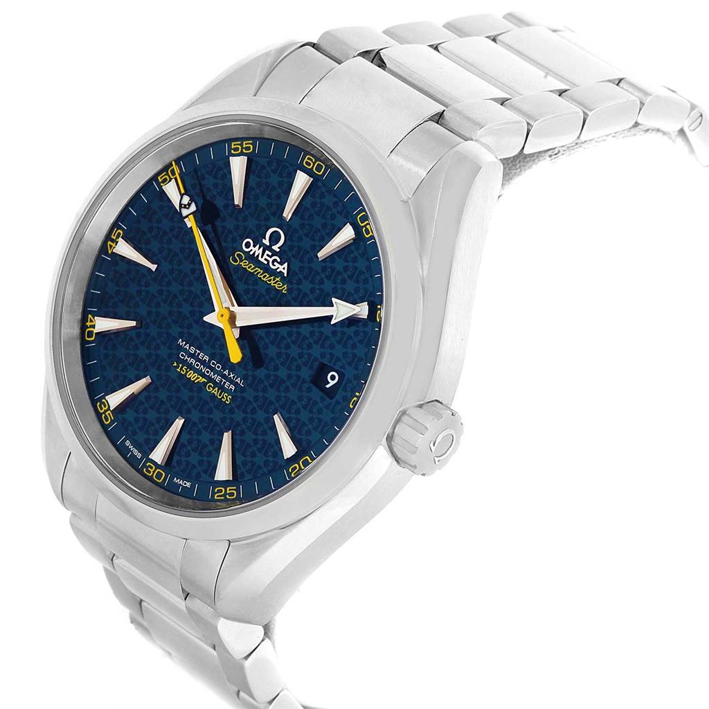 The Omega Aqua Terra 231.10.42.21.03.004 Men's Stainless Steel Blue Dial 231.10.42.21.03.004 Men's Stainless Steel Blue Dial watch is shown at a three-quarter angle, revealing the face, bezel, crown, and part of the bracelet.