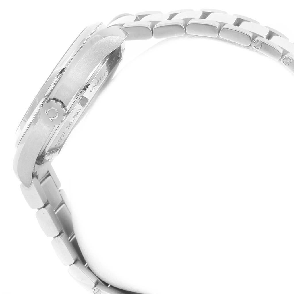 The image shows a side view of the Omega Aqua Terra 231.10.42.21.03.004 Men's Stainless Steel Blue Dial 231.10.42.21.03.004 Men's Stainless Steel Blue Dial watch, including the crown and part of the bracelet.