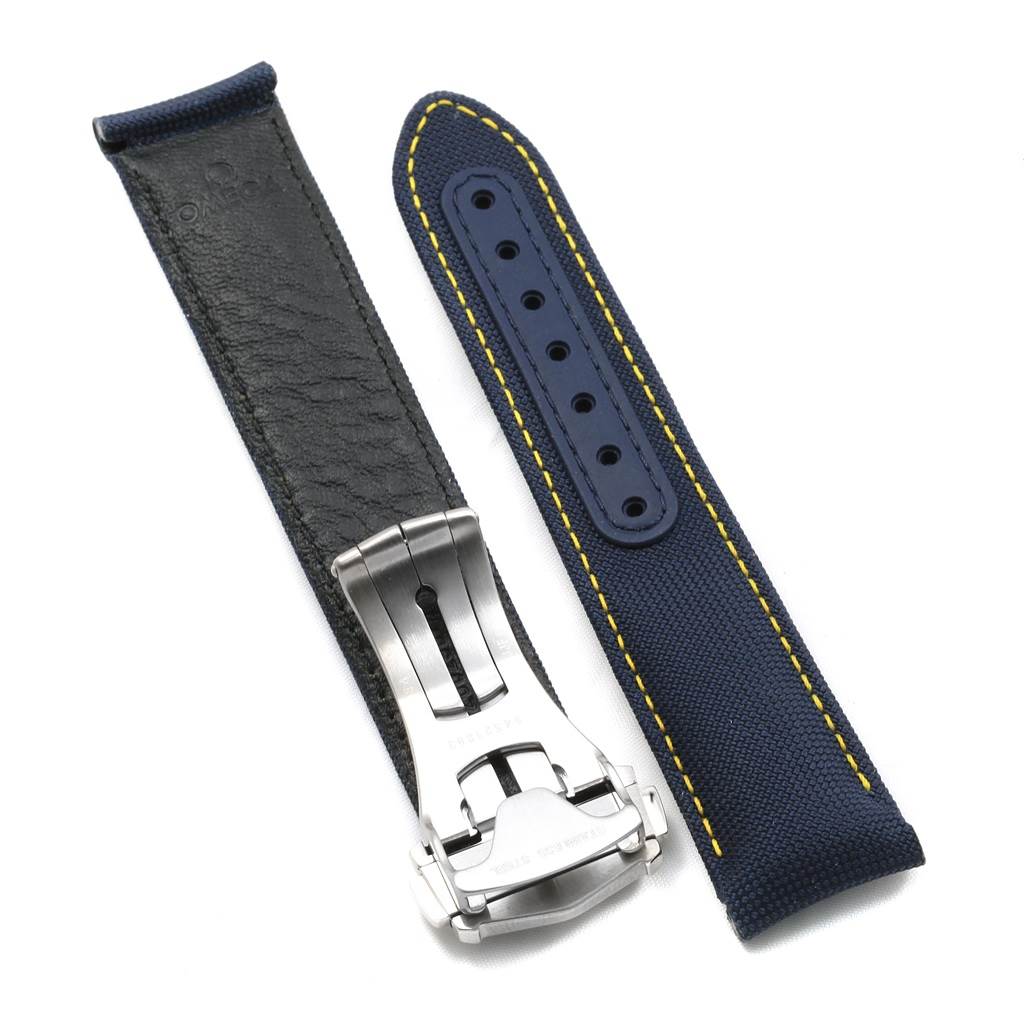 The image shows a pair of strap pieces for the Omega Aqua Terra 231.10.42.21.03.004 Men's Stainless Steel Blue Dial 231.10.42.21.03.004 Men's Stainless Steel Blue Dial model, featuring blue fabric and leather, along with a deployment clasp.