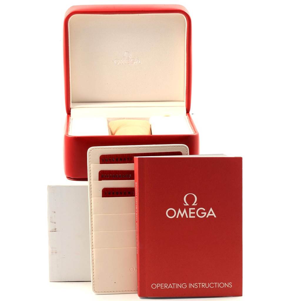 The image shows the packaging, box, operating instructions, and warranty cards for an Omega Aqua Terra 231.10.39.21.03.001 Men
s Stainless Steel Blue Dial 231.10.39.21.03.001 Men
s Stainless Steel Blue Dial model watch.