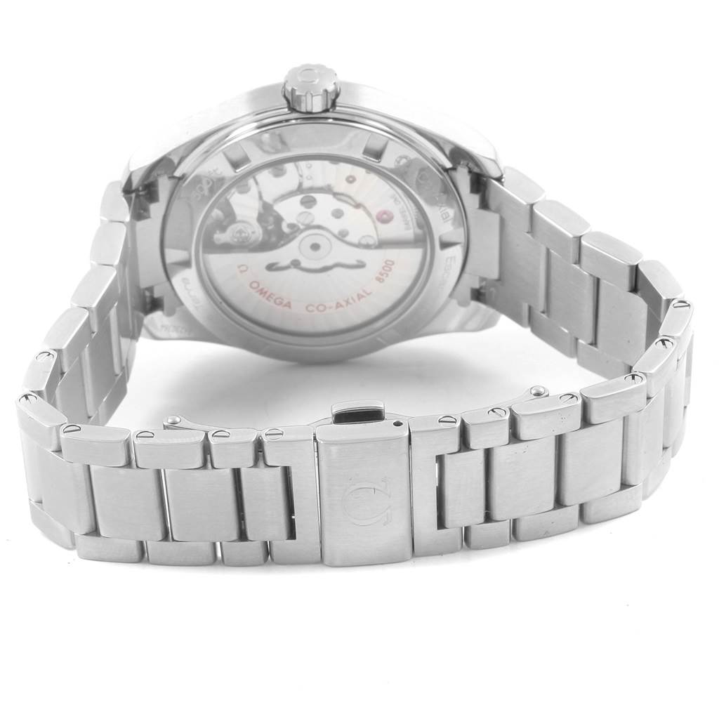 The image shows the case back and stainless steel bracelet of the Omega Aqua Terra 231.10.39.21.03.001 Men
s Stainless Steel Blue Dial 231.10.39.21.03.001 Men
s Stainless Steel Blue Dial model, highlighting the Co-Axial 8500 movement.