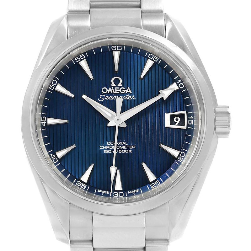 This image shows a front view of the Omega Aqua Terra model watch, featuring a blue dial, date window, and stainless steel bracelet.