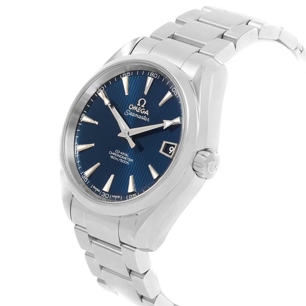 The image shows an Omega Aqua Terra 231.10.39.21.03.001 Men
s Stainless Steel Blue Dial 231.10.39.21.03.001 Men
s Stainless Steel Blue Dial watch from an angled perspective, highlighting the face, bezel, crown, and bracelet.