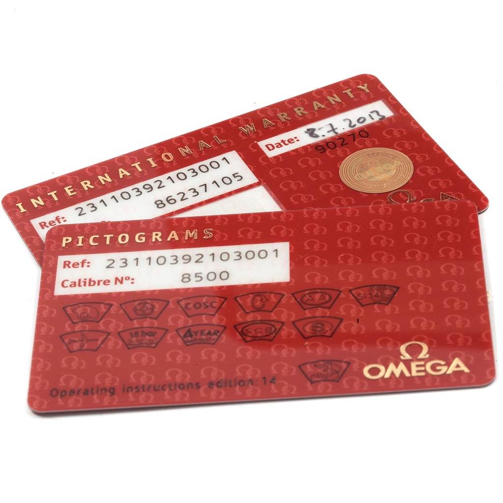 The image shows the international warranty and pictogram cards for the Omega Aqua Terra 231.10.39.21.03.001 Men
s Stainless Steel Blue Dial 231.10.39.21.03.001 Men
s Stainless Steel Blue Dial watch model.