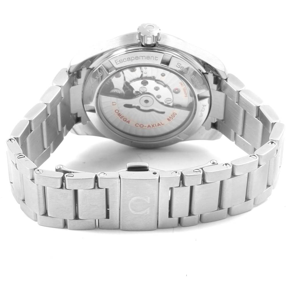 This image shows the back of an Omega Aqua Terra 231.10.39.21.03.001 Men
s Stainless Steel Blue Dial 231.10.39.21.03.001 Men
s Stainless Steel Blue Dial watch, displaying its movement and metal bracelet.