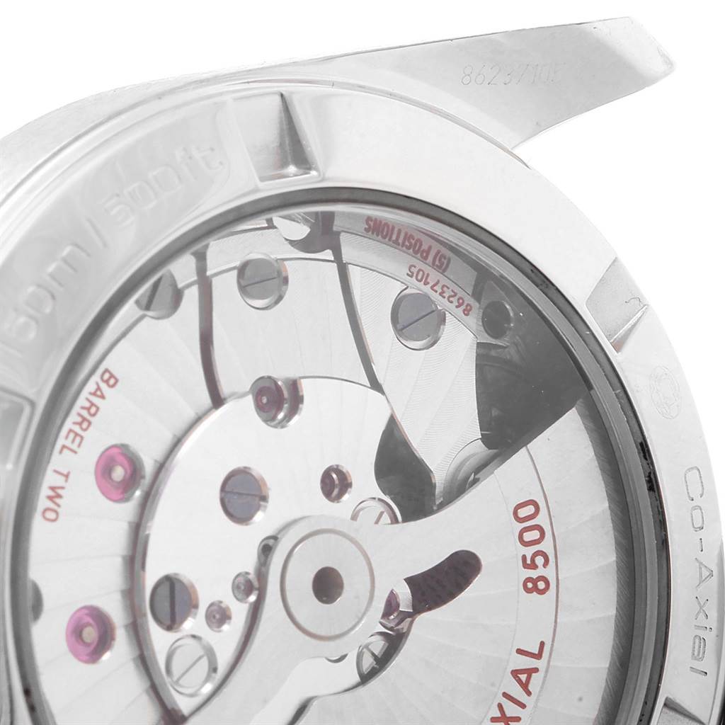 This image shows the back view of an Omega Aqua Terra 231.10.39.21.03.001 Men
s Stainless Steel Blue Dial 231.10.39.21.03.001 Men
s Stainless Steel Blue Dial watch, highlighting the Co-Axial 8500 movement.