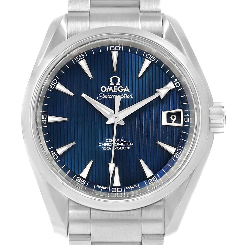 The image shows a front view of the Omega Seamaster Aqua Terra watch, including its blue dial, hands, indices, date display, and part of the bracelet.