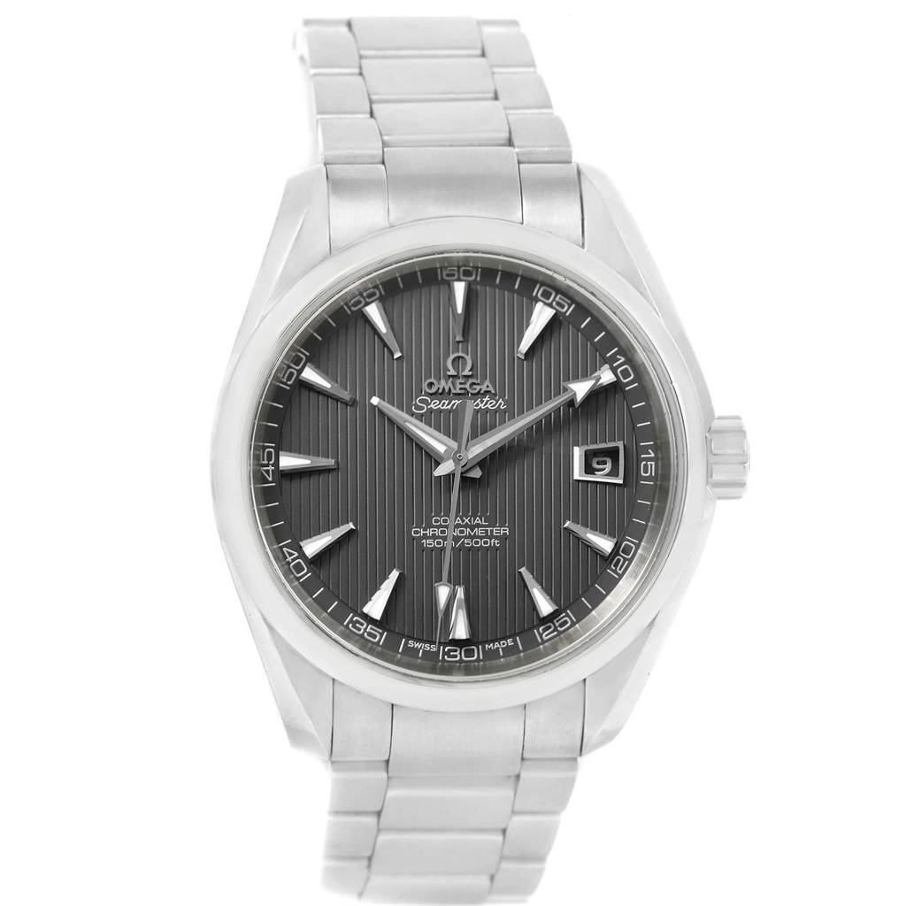 The Omega Seamaster Aqua Terra watch is shown from a front angle, displaying its dial, hands, date window, and metal bracelet.