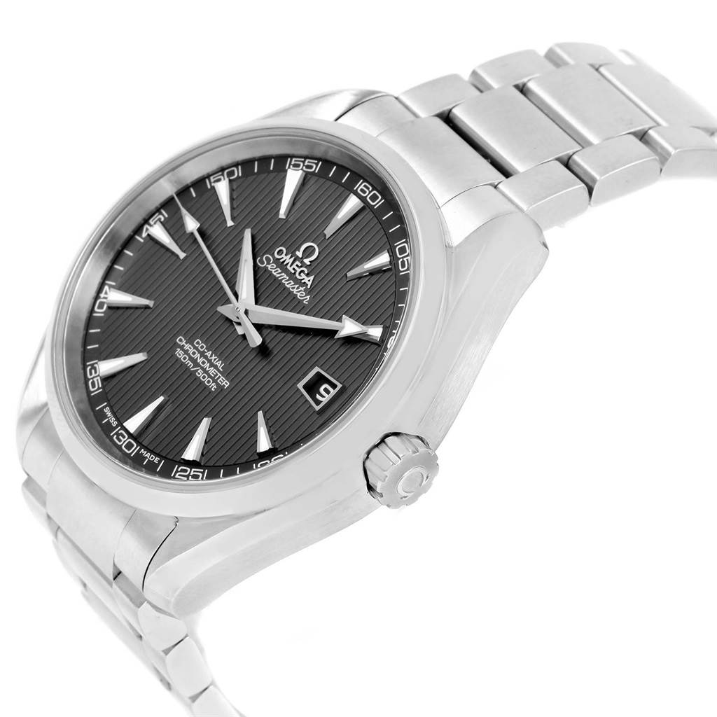 This image shows an Omega Aqua Terra 231.10.42.21.06.001 Men's Stainless Steel Grey Dial 231.10.42.21.06.001 Men's Stainless Steel Grey Dial watch at a tilted side angle, highlighting the face, bezel, crown, and stainless steel bracelet.