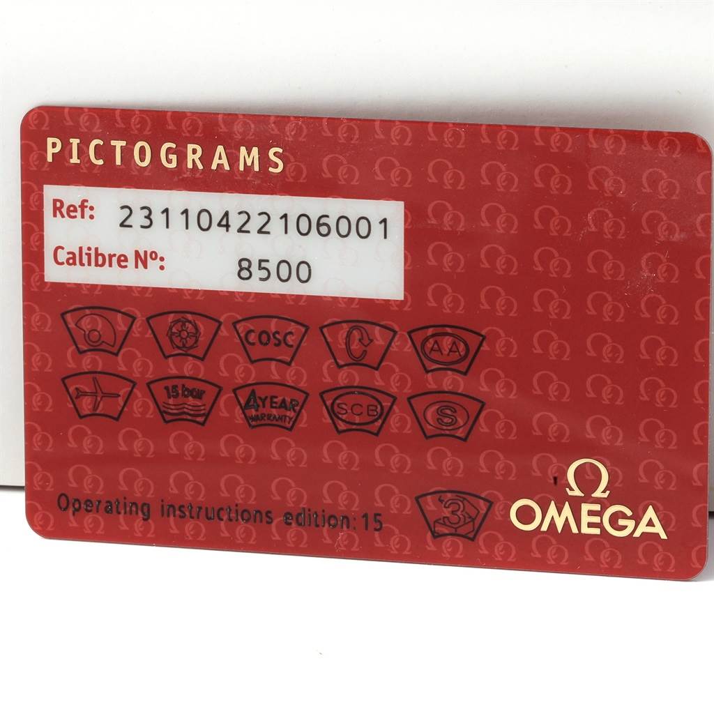 The image shows the pictogram card for the Omega Aqua Terra 231.10.42.21.06.001 Men's Stainless Steel Grey Dial 231.10.42.21.06.001 Men's Stainless Steel Grey Dial watch, detailing the reference number and caliber.