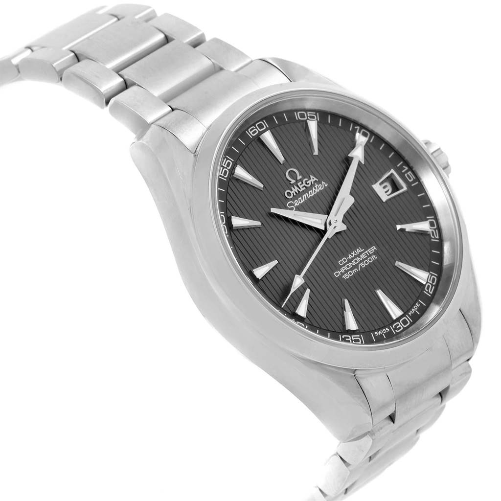 The Omega Aqua Terra 231.10.42.21.06.001 Men's Stainless Steel Grey Dial 231.10.42.21.06.001 Men's Stainless Steel Grey Dial watch is shown at a slight angle, highlighting its dial, bezel, and bracelet.