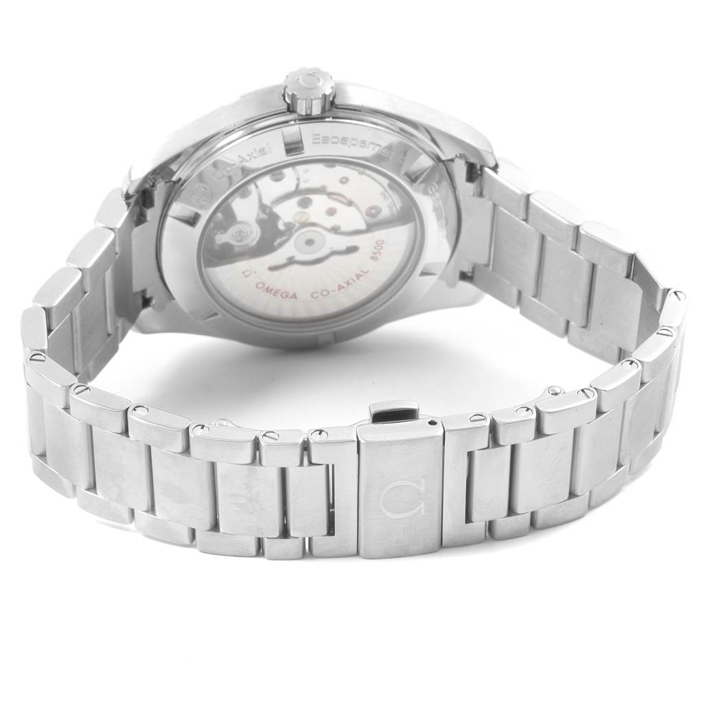 The image shows the back and bracelet of the Omega Aqua Terra 231.10.42.21.06.001 Men's Stainless Steel Grey Dial 231.10.42.21.06.001 Men's Stainless Steel Grey Dial watch, highlighting the open case back and the metal bracelet.