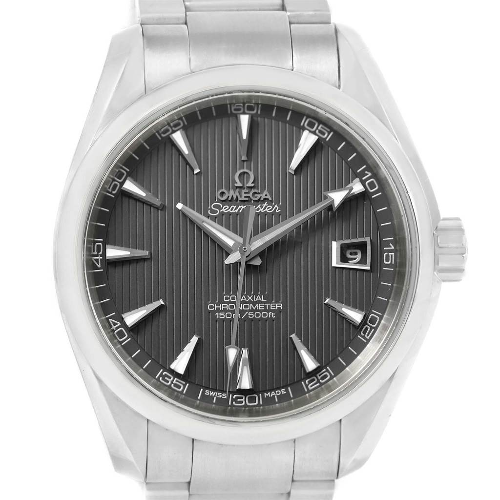 The Omega Aqua Terra 231.10.42.21.06.001 Men's Stainless Steel Grey Dial 231.10.42.21.06.001 Men's Stainless Steel Grey Dial watch is shown from a front angle, displaying the dial, hands, date window, and stainless-steel bracelet.