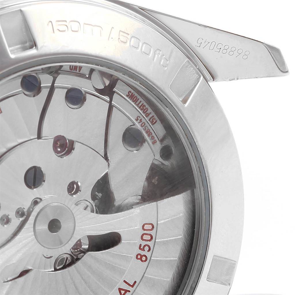 The image shows a close-up view of the case back of an Omega Aqua Terra 231.10.42.21.06.001 Men's Stainless Steel Grey Dial 231.10.42.21.06.001 Men's Stainless Steel Grey Dial watch, highlighting the movement and serial number.