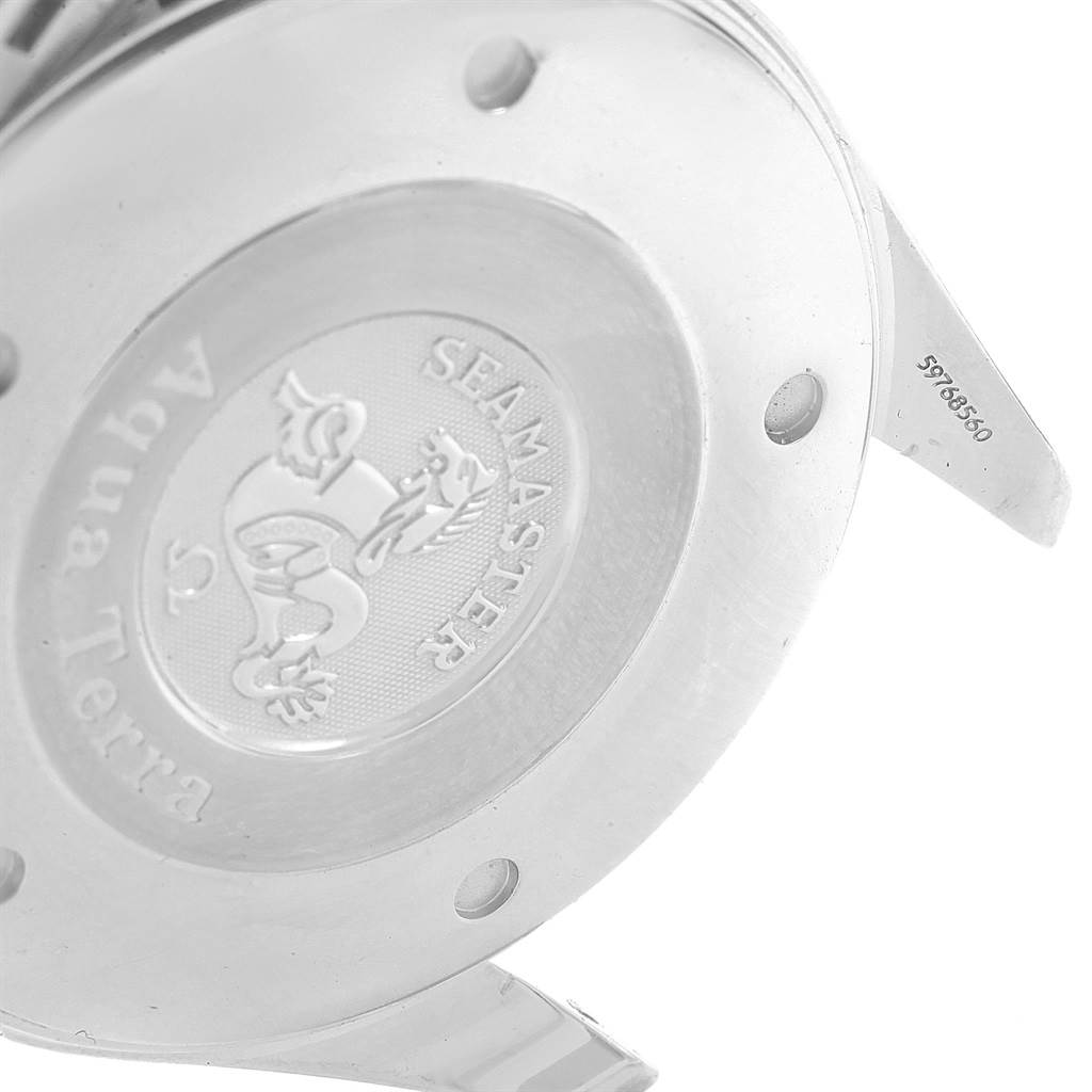 This image shows the back case of the Omega Aqua Terra 2317.30.00 Men's Steel and Gold (two tone) Silver Dial 2317.30.00 Men's Steel and Gold (two tone) Silver Dial Seamaster watch, featuring its engraved logo and model details.