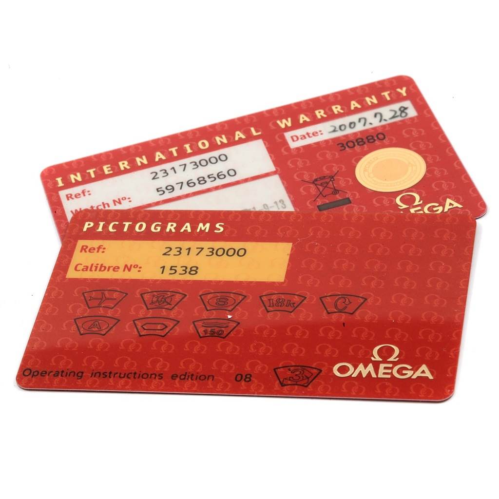 This image shows the warranty and pictogram cards for the Omega Aqua Terra 2317.30.00 Men's Steel and Gold (two tone) Silver Dial 2317.30.00 Men's Steel and Gold (two tone) Silver Dial model watch.