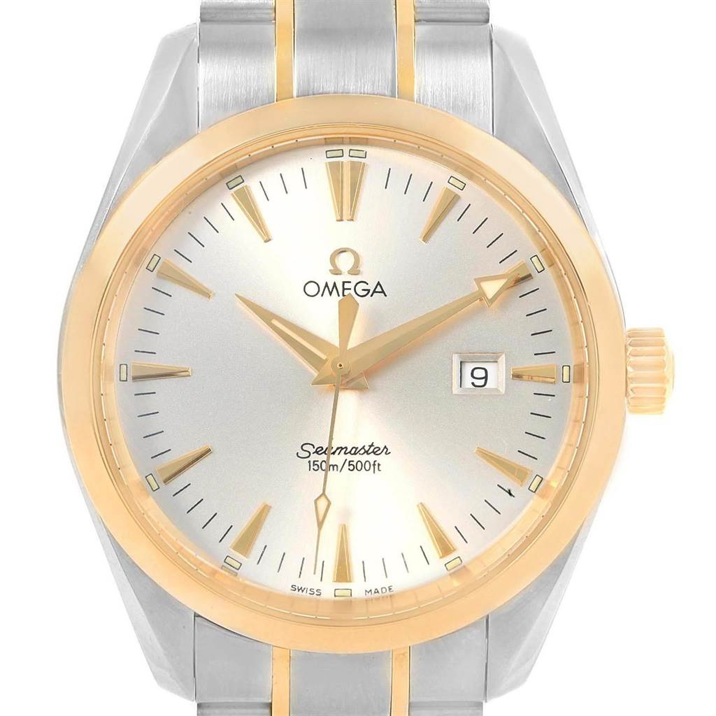 The image shows a close-up of the Omega Aqua Terra 2317.30.00 Men's Steel and Gold (two tone) Silver Dial 2317.30.00 Men's Steel and Gold (two tone) Silver Dial watch, displaying the dial, hands, and part of the bracelet.