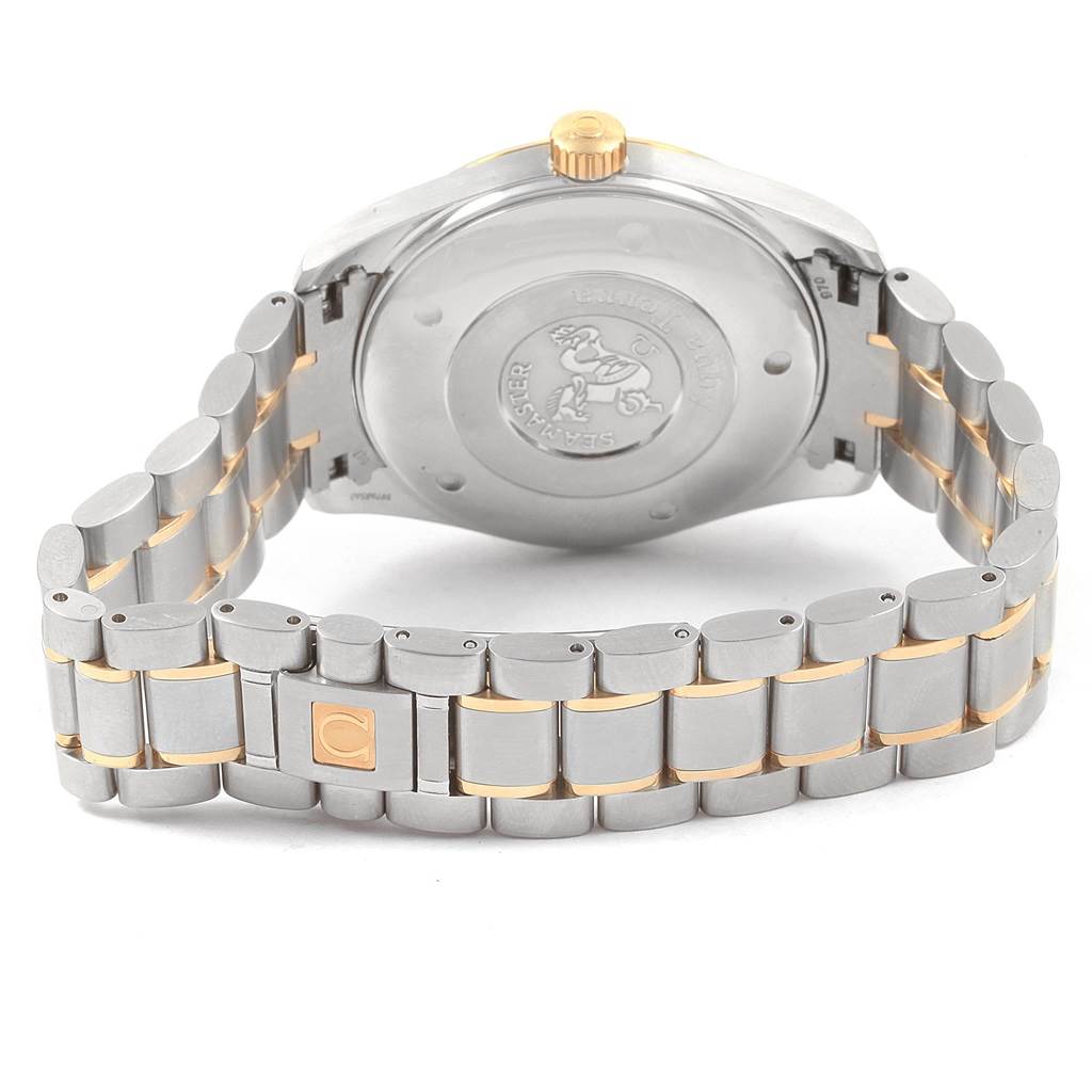 The image shows the back view of the Omega Aqua Terra 2317.30.00 Men's Steel and Gold (two tone) Silver Dial 2317.30.00 Men's Steel and Gold (two tone) Silver Dial watch, highlighting its case back and bracelet.