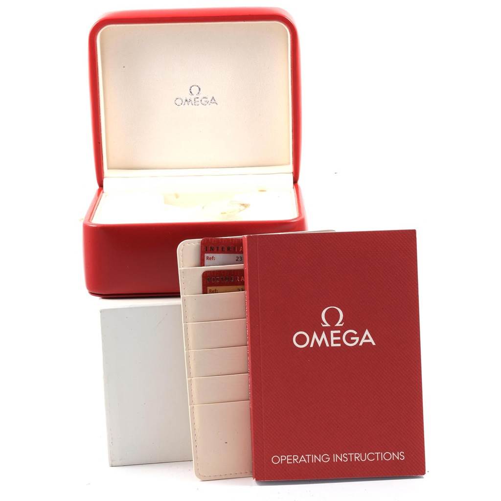 The image shows an open red Omega watch box, operating instructions, and cards for the Omega Aqua Terra 2317.30.00 Men's Steel and Gold (two tone) Silver Dial 2317.30.00 Men's Steel and Gold (two tone) Silver Dial model.
