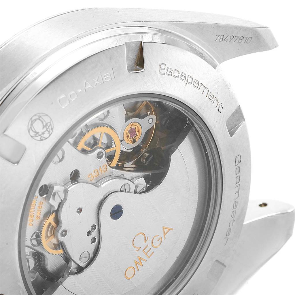 The image shows the back view of the Omega Aqua Terra 231.13.44.50.06.001 Men's Stainless Steel Grey Dial 231.13.44.50.06.001 Men's Stainless Steel Grey Dial, highlighting its Co-Axial escapement and internal mechanism.