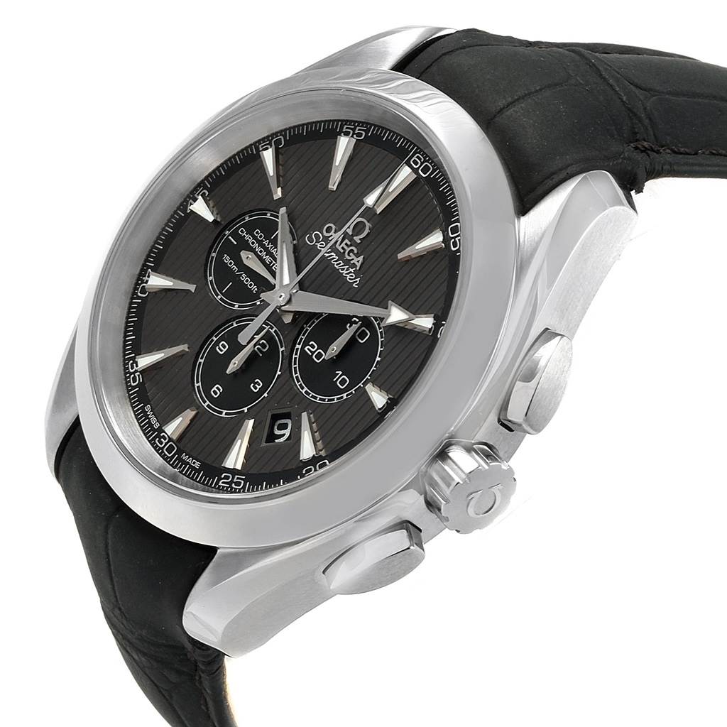 The image shows a side angle of the Omega Aqua Terra 231.13.44.50.06.001 Men's Stainless Steel Grey Dial 231.13.44.50.06.001 Men's Stainless Steel Grey Dial watch, highlighting its black dial, chronograph subdials, date window, and crown.