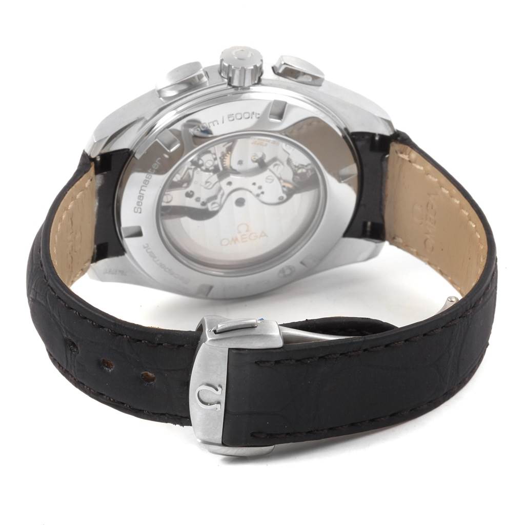 The image shows a rear angle of the Omega Aqua Terra 231.13.44.50.06.001 Men's Stainless Steel Grey Dial 231.13.44.50.06.001 Men's Stainless Steel Grey Dial watch, highlighting its transparent case back and leather strap.