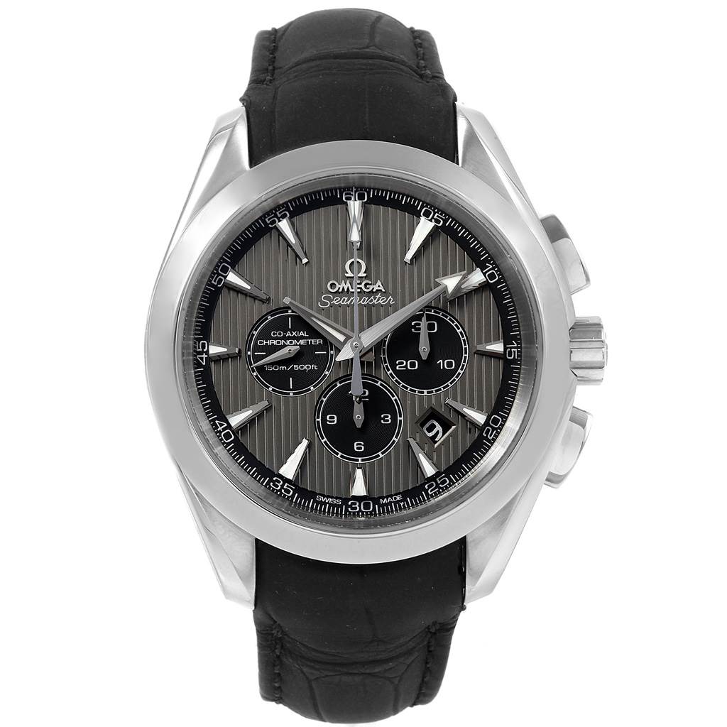 This Omega Aqua Terra 231.13.44.50.06.001 Men's Stainless Steel Grey Dial 231.13.44.50.06.001 Men's Stainless Steel Grey Dial model is shown from the front, displaying its black dial, chronograph subdials, and black leather strap.