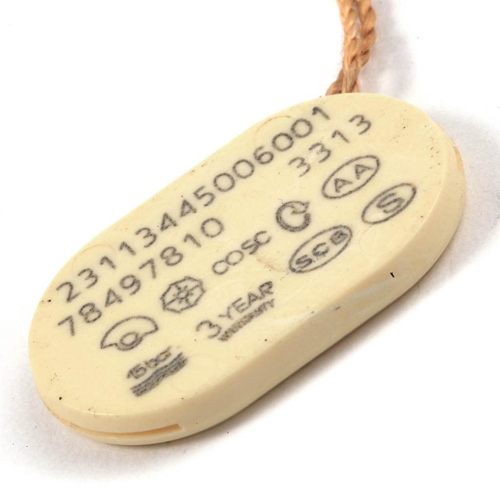 This image shows a close-up of a tag associated with the Omega Aqua Terra 231.13.44.50.06.001 Men's Stainless Steel Grey Dial 231.13.44.50.06.001 Men's Stainless Steel Grey Dial model.