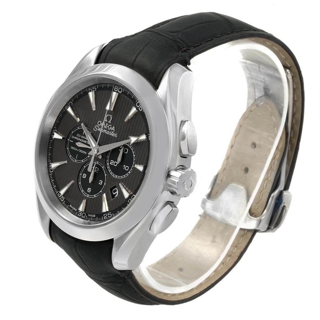 The Omega Aqua Terra 231.13.44.50.06.001 Men's Stainless Steel Grey Dial 231.13.44.50.06.001 Men's Stainless Steel Grey Dial watch is shown at a three-quarter angle, highlighting the dial, case, pushers, and black leather strap.