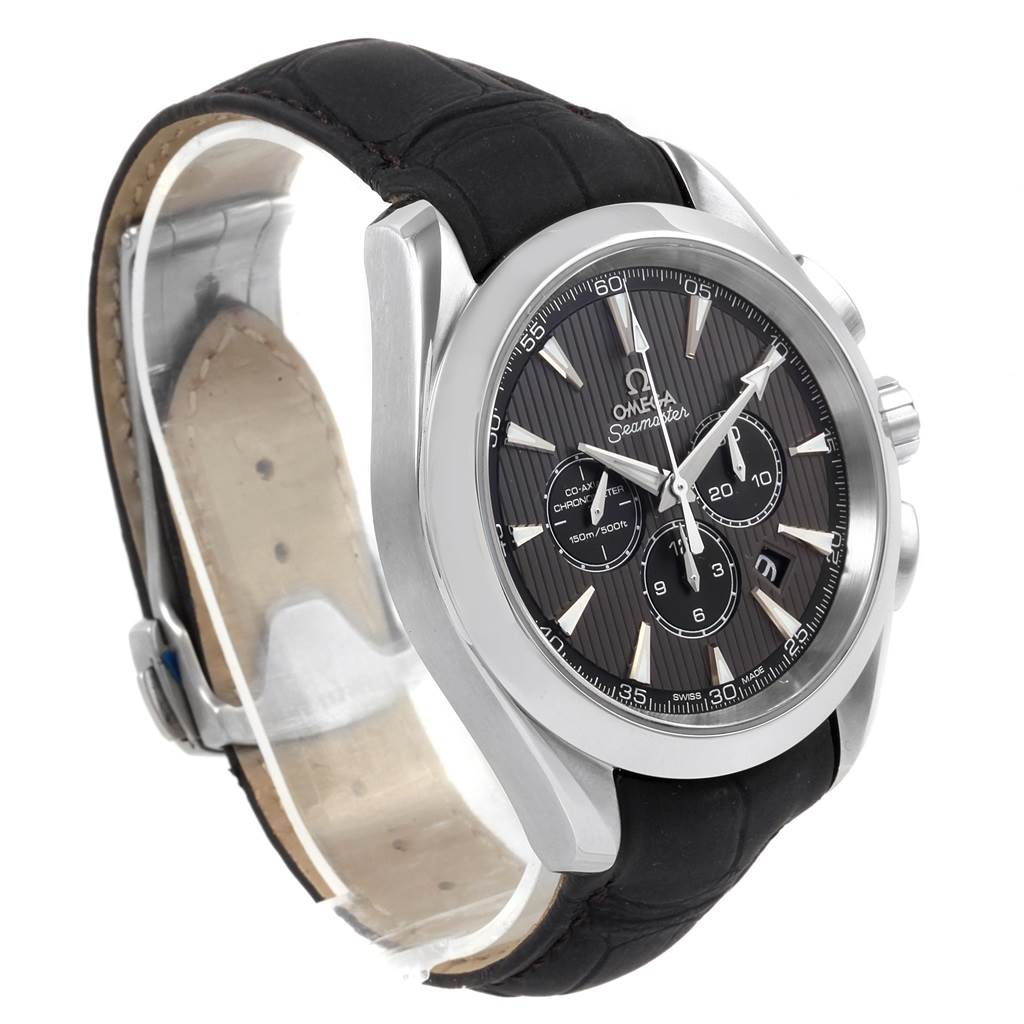 The image shows a side and front angle of an Omega Seamaster Aqua Terra with a black dial and leather strap.
