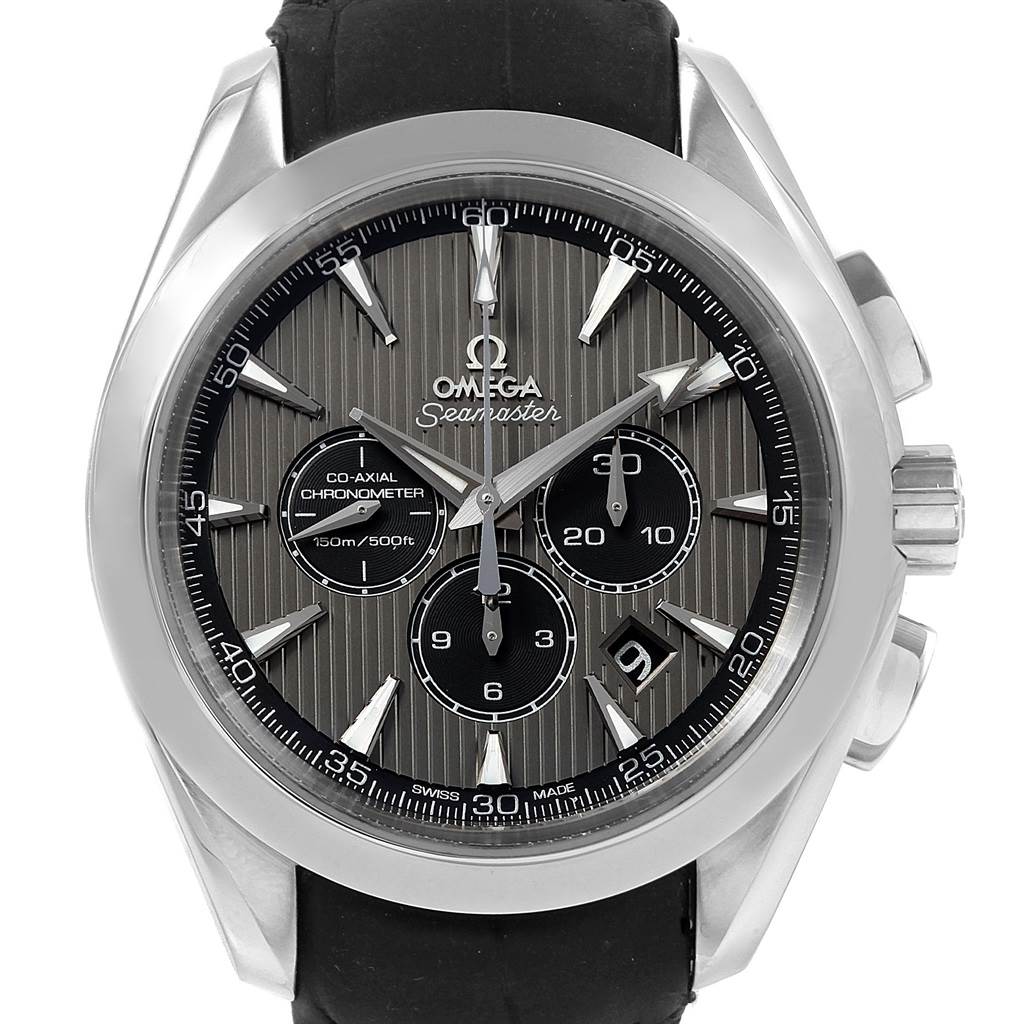 This is a close-up view of the Omega Aqua Terra 231.13.44.50.06.001 Men's Stainless Steel Grey Dial 231.13.44.50.06.001 Men's Stainless Steel Grey Dial model watch, showing the dial, hands, sub-dials, and crown.