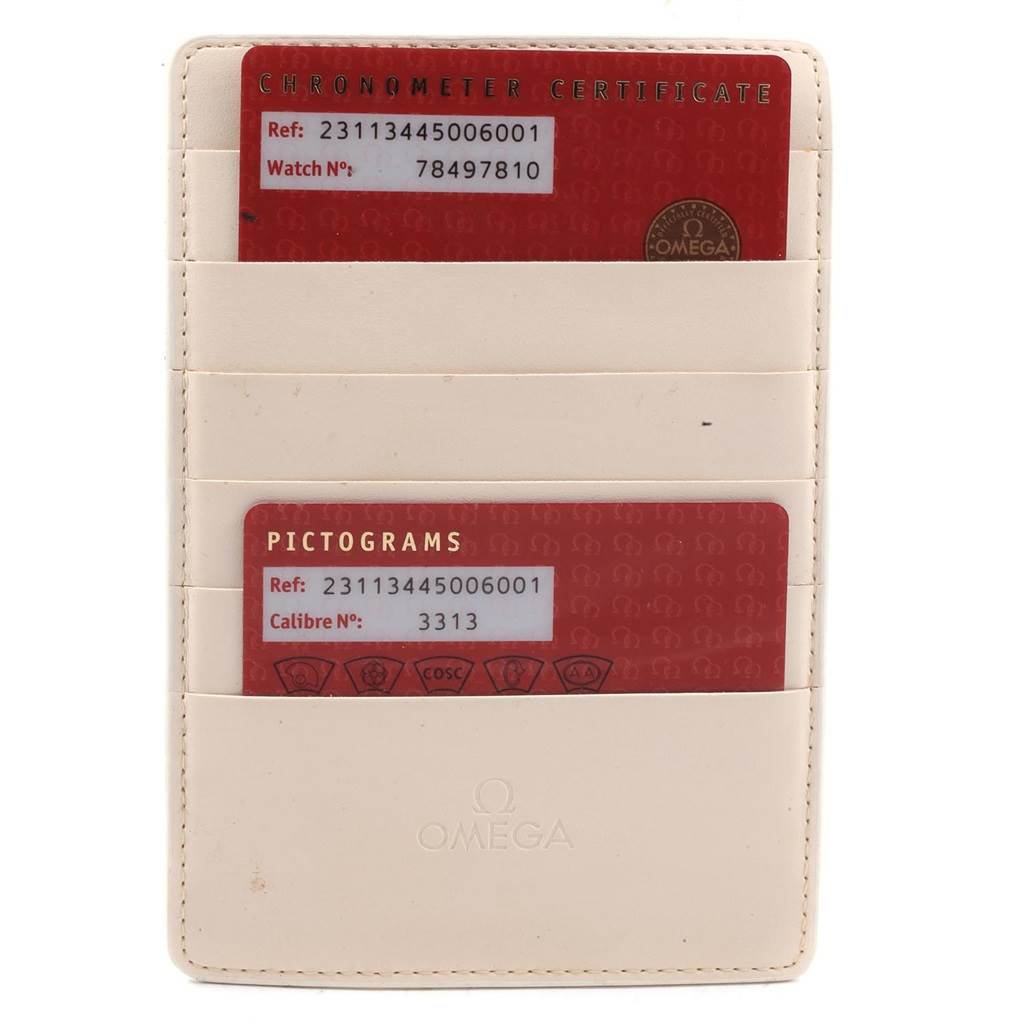 This image shows the certification cards for the Omega Aqua Terra 231.13.44.50.06.001 Men's Stainless Steel Grey Dial 231.13.44.50.06.001 Men's Stainless Steel Grey Dial model, inside a branded cardholder.