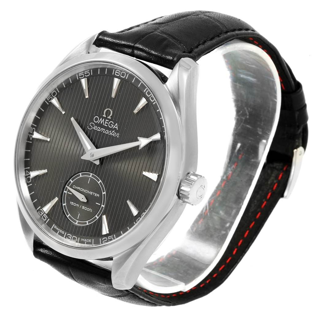 The image shows a front angle of the Omega Aqua Terra 231.13.49.10.06.001 Men's Stainless Steel Grey Dial 231.13.49.10.06.001 Men's Stainless Steel Grey Dial, highlighting its dial, bezel, crown, and black leather strap.